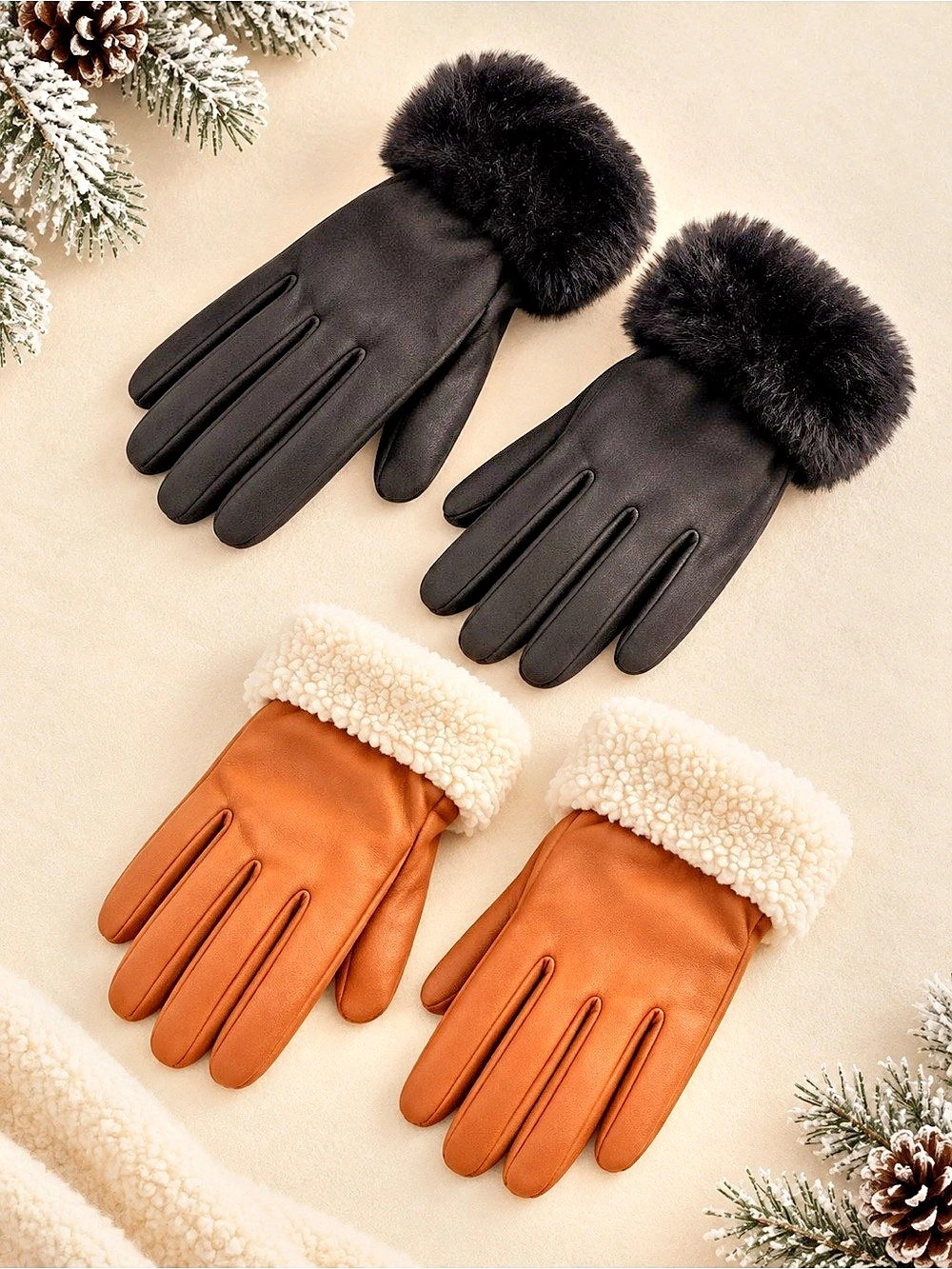 NWT Time and Tru Leather Tech Touch Winter Gloves Black or Tan One Size faux Fur